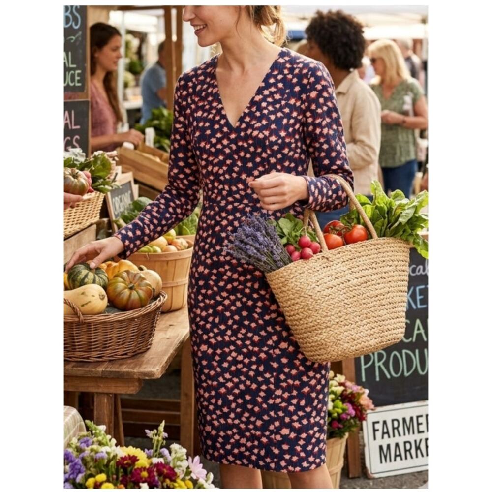 Boden Hannah Navy Floral Sheath Dress Long Sleeve EUC Size 8R